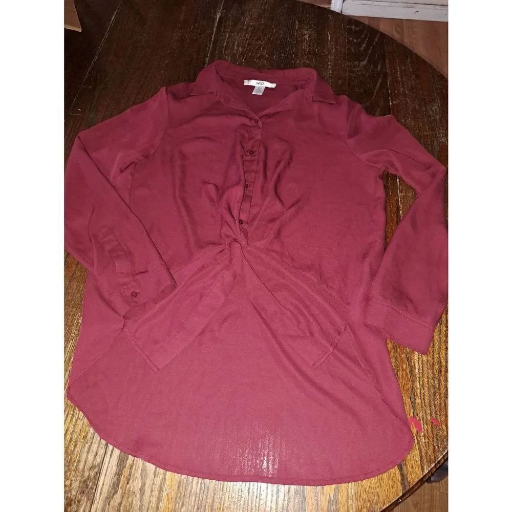 Small Wisp Burgandy Long Sleeve Front Gaux Knot Waist Blouse Shirt Top